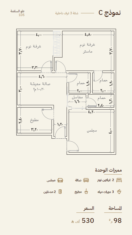 نموذج C: شقة 3 غرف (داخلية)	2 غرفتين نوم + مجلس + صالة + 3حمامات ، المساحة 100.3 م² داخلية 530,000