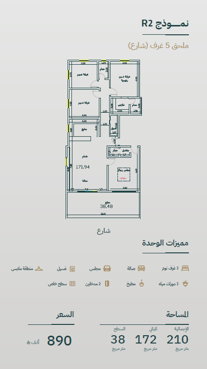 نموذج R2 :	ملحق 5 غرف ، 3 غرف نوم + مجلس + صالة معيشة + مطبخ + غسيل + منطقة ملابس + سطح خاص + 2 مدخلين + الحمامات 3 ، المساحة الإجمالي: 210 م² (المباني: 172 م² + السطح: 38 م²)	أمامية (شارع) 890,000